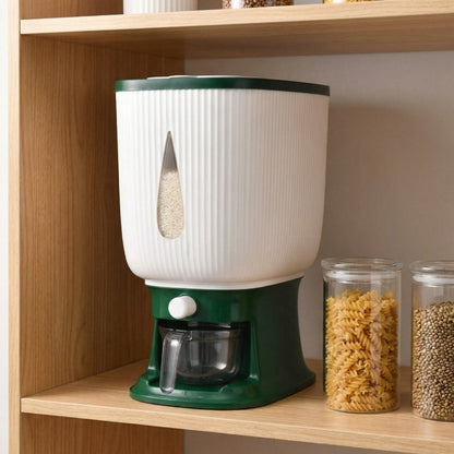 Rice Dispenser with Measuring Cup, Large 6-Chamber Sealed Grain Storage Container, Transparent Window