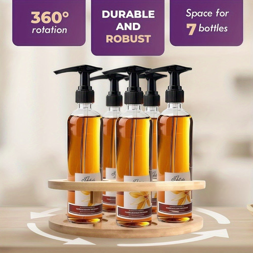 360 Rotating Bamboo Coffee Syrup Organizer 7-Bottle Holder Rack – Countertop Spice Condiment Storage Stand for Kitchen Bar Home Office