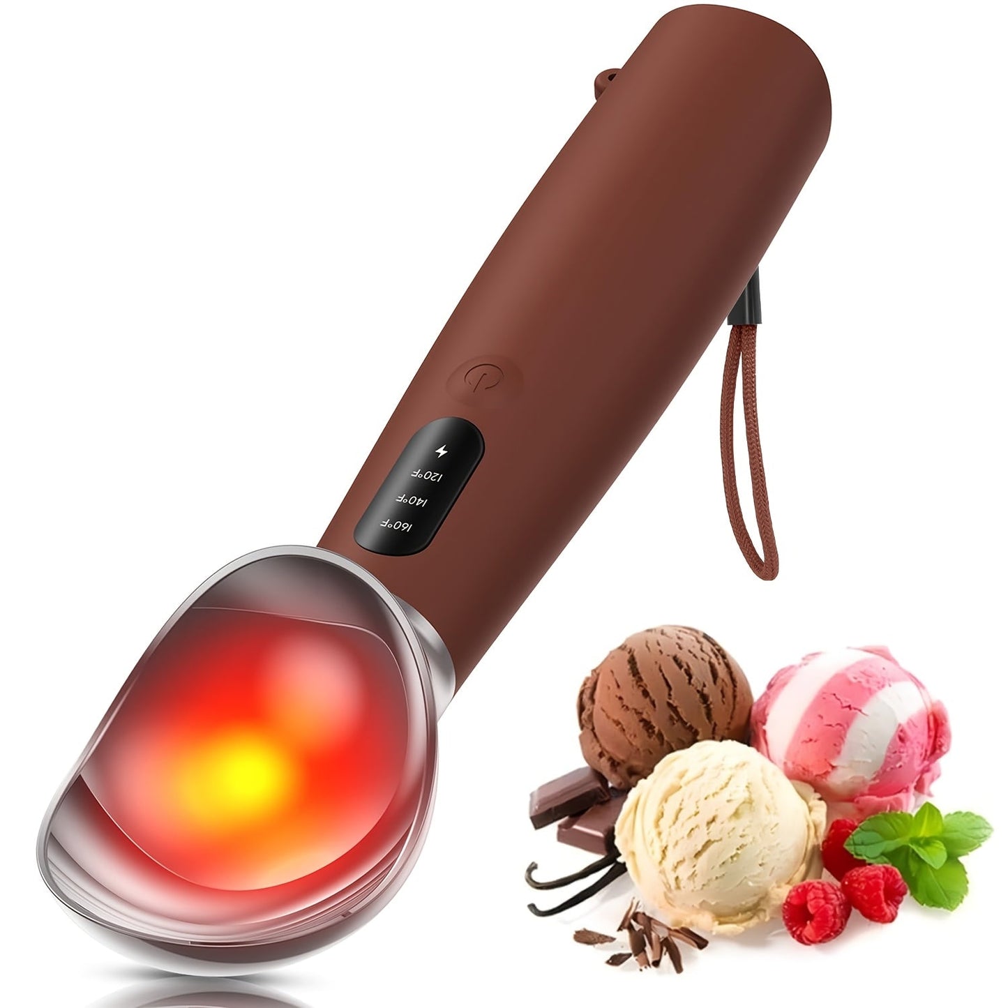 Electric Heated Ice Cream Scoop USB-C Rechargeable with 3 Temperature Settings 120°F 140°F 160°F IPX7 Handle Gift for Ice Cream Lovers