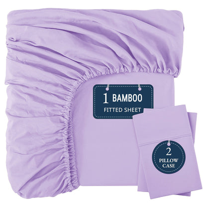 Bamboo Fitted Sheet Set 3-Piece – Cooling Breathable Soft Deep Pocket Bed Sheets, Twin Full Queen King, 12 Colors – Fits Mattress Up to 15"