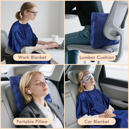 4-in-1 Travel Blanket Airplane – Soft Fleece Poncho Pillow Lumbar Support with Built-in Zipper Bag, Lightweight Packable 40x60in Blanket