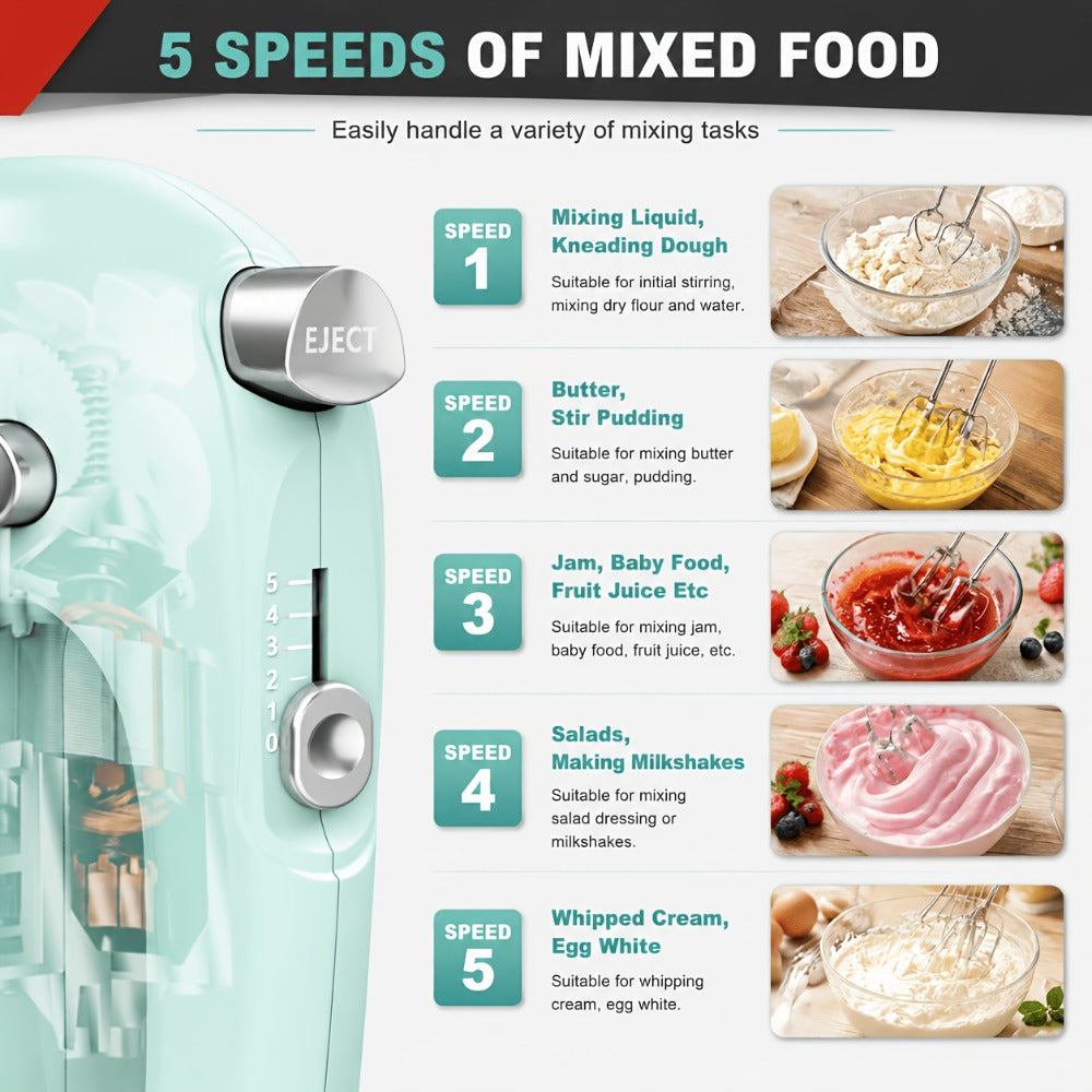 Electric Hand Mixer 5 Speed Turbo Boost - 5 Stainless Steel Accessories, Optional Storage Case, Handheld Mixer for Cookies