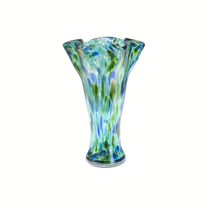 Hand Blown Glass Vase Colorful Wide Mouth, Teal Green Art Glass Flower Vase for Fresh Flowers & Spring Arrangements