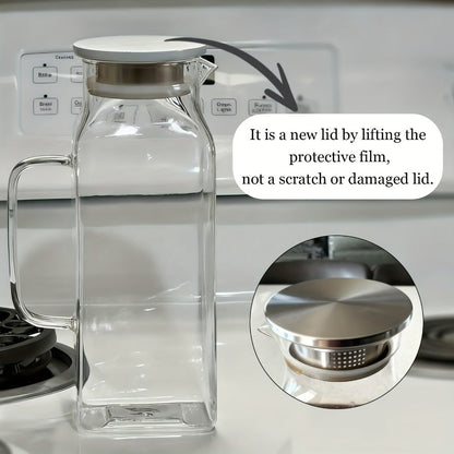Glass Pitcher with Lid & Handle 2L 68oz, Square Borosilicate Water Jug, Heat Resistant Carafe for Fridge