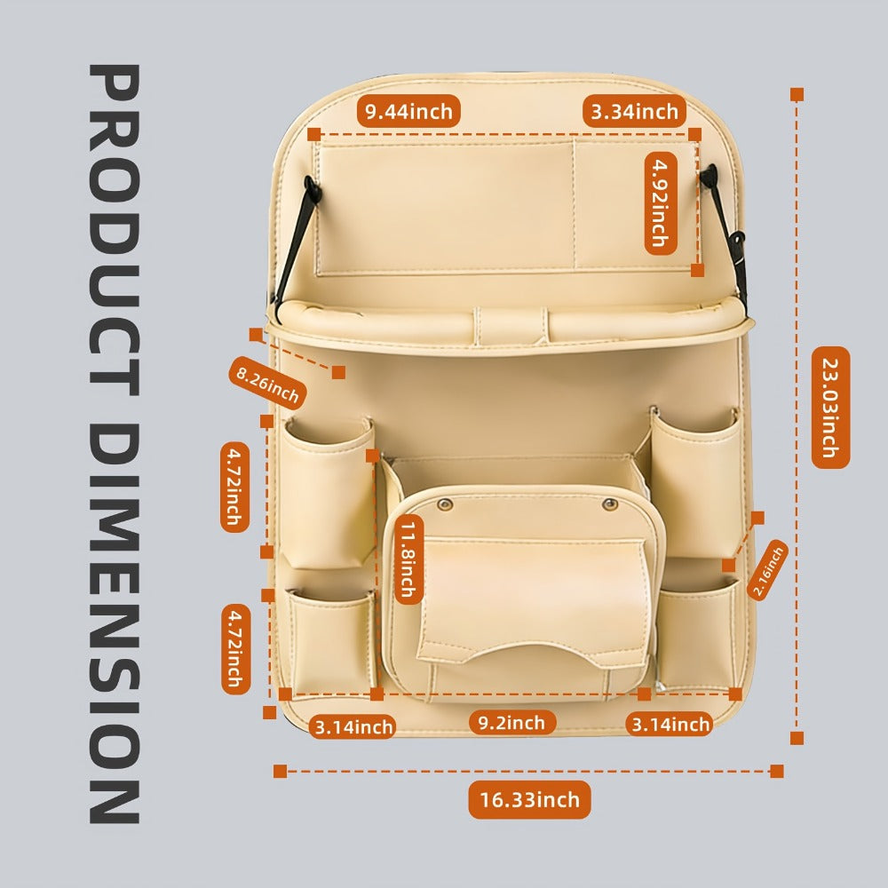 One-Piece Seatback Car Organizer with Fold-Down Tray, Cup Recesses, Mesh Pockets and Four Colors