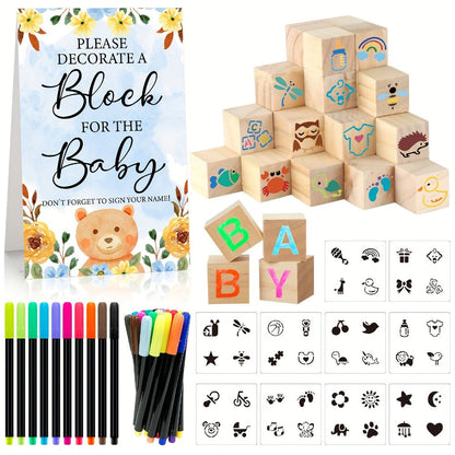 Wooden Block Stacking Game Party Kit 51pcs 30pcs – Baby Shower Tumbling Tower Decoration Sign Set Classic Flower Greenery Fox Bear Style No