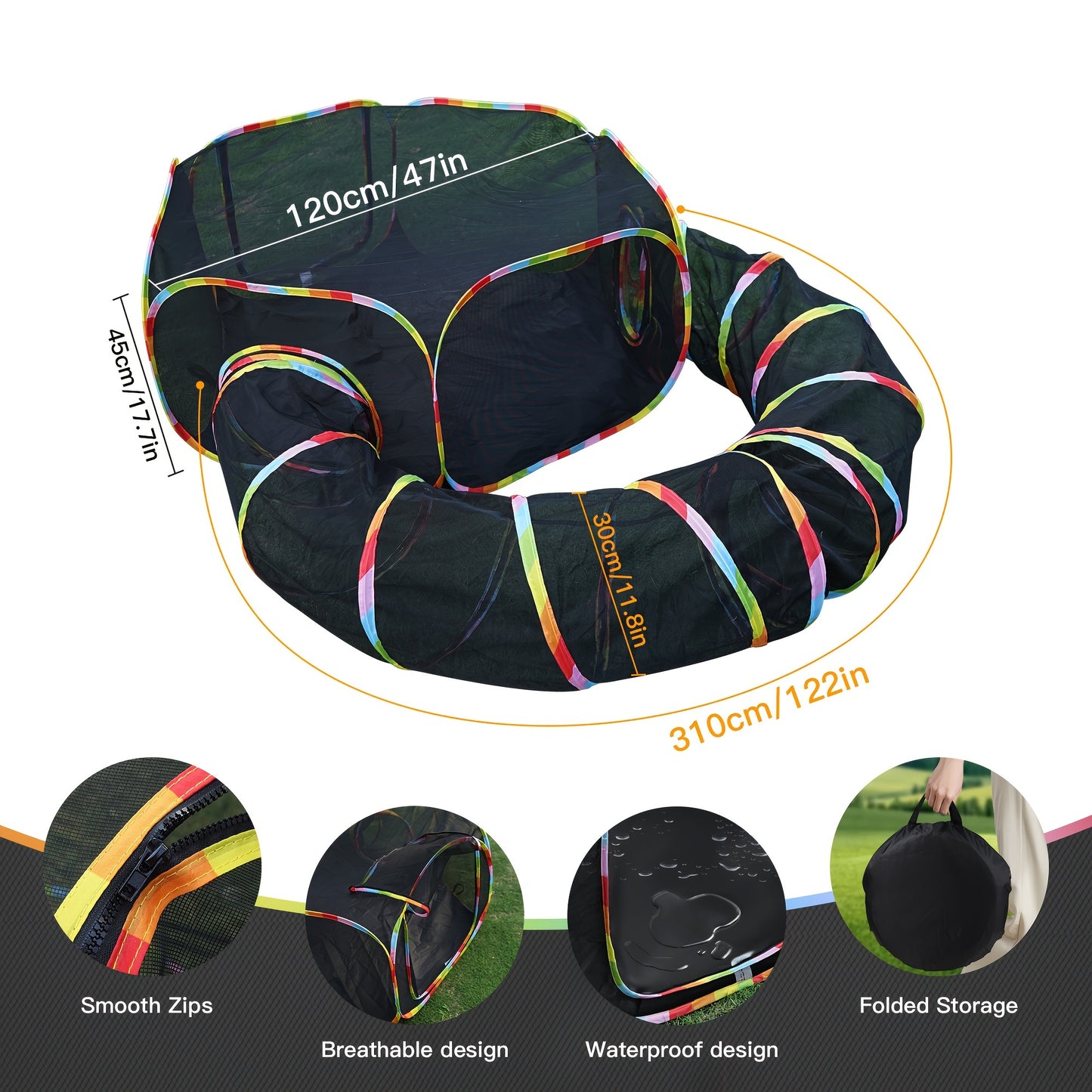 Outdoor Cat Enclosure with Tunnel – Rainbow Cat Playpen Tent with Circle Cat Tunnel for Cats Kittens & Small Animals