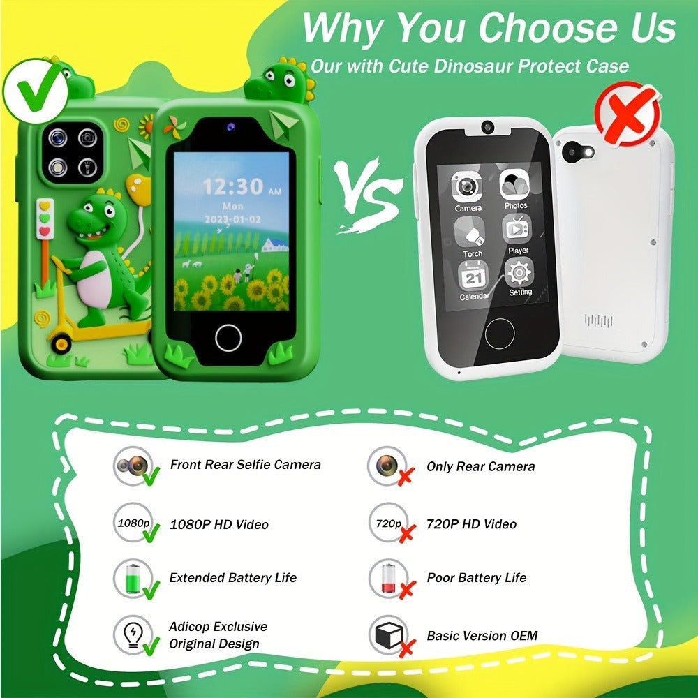 Kids Dinosaur Toy Phone with 8GB, HD Touchscreen & Dual Camera, Educational Travel Toy Cell Phone for Boys & Girls