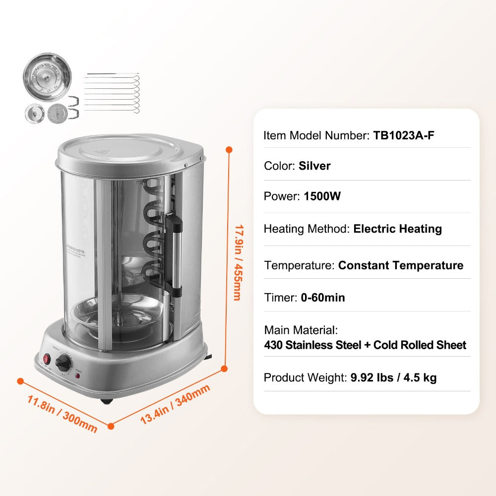 Electric Shawarma Grill Machine 20L Vertical Gyro Rotisserie Doner Kebab Maker Stainless for Entryways, Bedrooms and Living Spaces