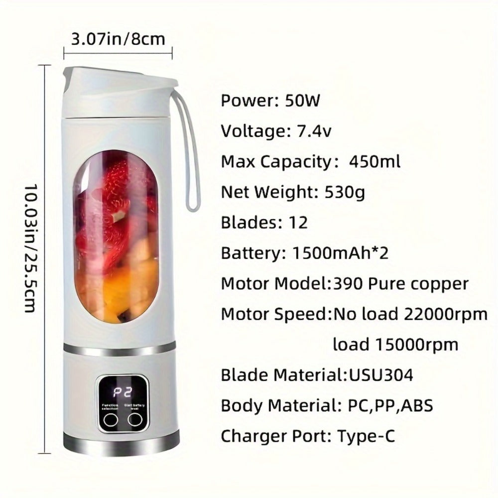 Portable USB Rechargeable Blender with LED Display, 15oz Personal Smoothie Blender for Shakes, Milkshakes & Fresh Juice
