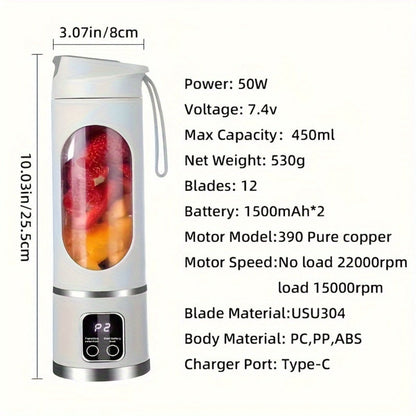 Portable USB Rechargeable Blender with LED Display, 15oz Personal Smoothie Blender for Shakes, Milkshakes & Fresh Juice