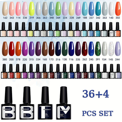 Gel Nail Polish 40-Piece Kit with 36 Colors, Base Coat, Glossy and Matte Top Coats, Glitter Shades and UV Cure