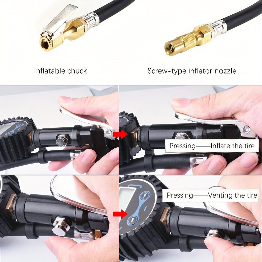 Digital Tire Inflator with Pressure Gauge 200 PSI – Cast Aluminum Pistol Grip Air Chuck, LCD Backlight, 4 Units (PSI/BAR/KPA/KGF)