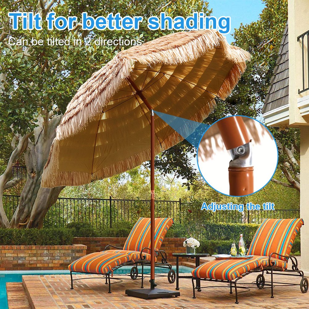 Patio Umbrella 7.5FT Thatch-Style Tiki Design with Steel Pole, Iron Frame, Push Tilt and One-Piece Option