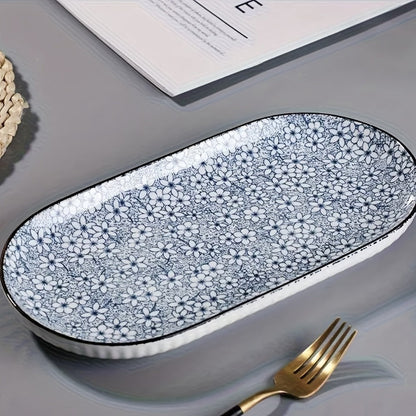 Japanese Blue White Porcelain Fish Plates Set of 4 – 12 Inch Ceramic Serving Plates, Microwave & Oven Safe Steaming Baking Tableware