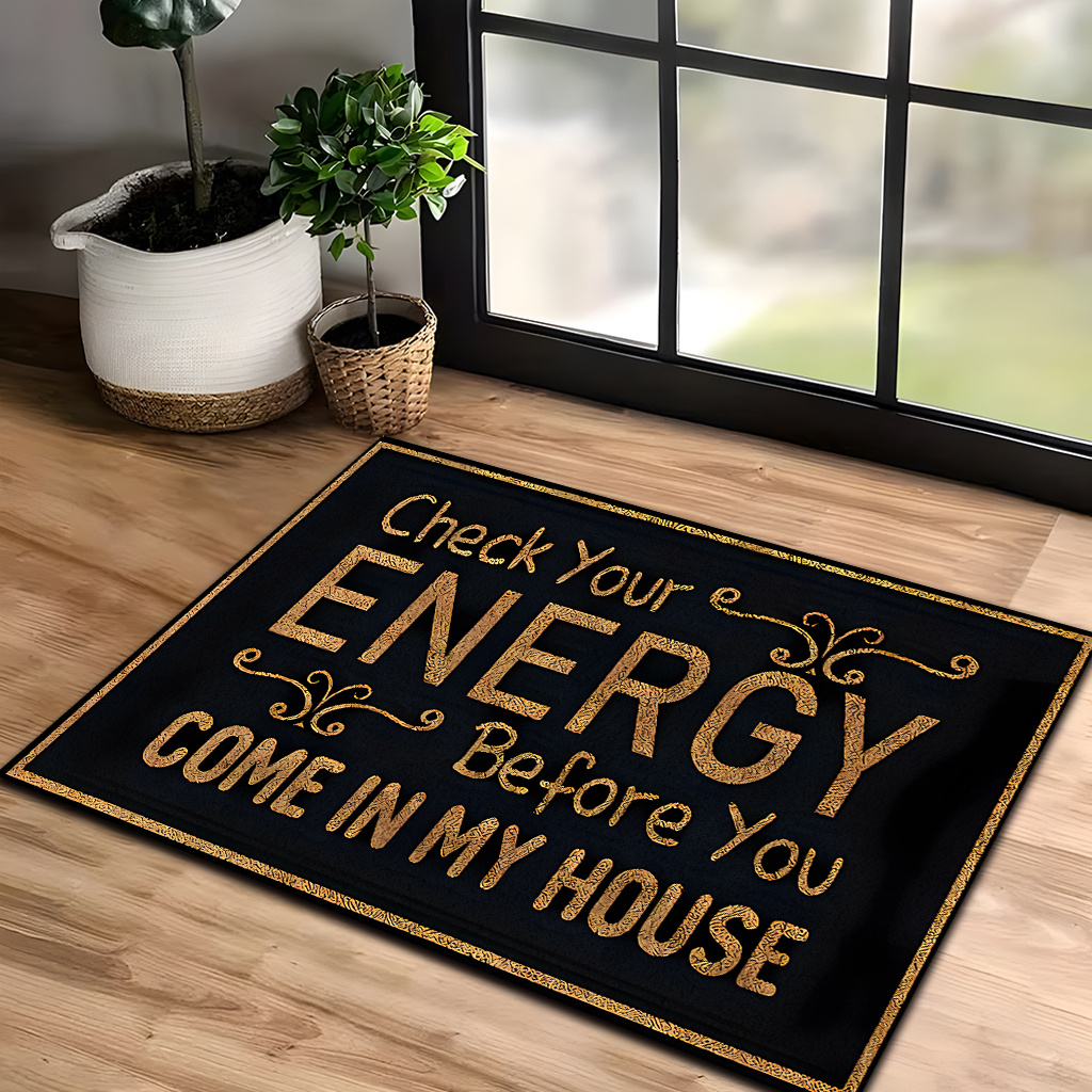 Black-and-Gold Check Your Energy Lettered Doormat in 16 x 24, 20 x 30 or 17 x 47-Inch Sizes