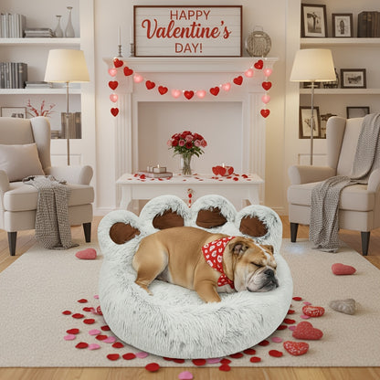 Dog Bed Cat Bed Bear Paw Shaped Donut – Calming Round Plush Pet Mattress, Warm & Soft Cuddler Bed for Dogs and Cats, Includes Pet Scarf