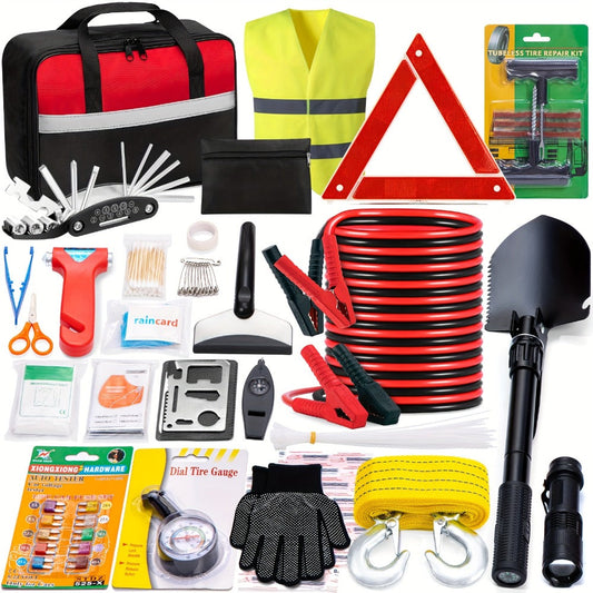 Car Roadside Emergency Kit with Jumper Cables, Towing Rope & Multifunctional Shovel – Complete Vehicle Safety Kit for Cars, Trucks & SUVs