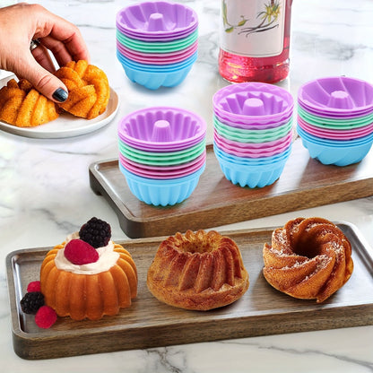 Silicone Donut Mold 48pcs, Nonstick Silicone Baking Cups with 4 Shapes (Thread, Woven, Pumpkin, Flower), Muffin Jello Bagel Pan