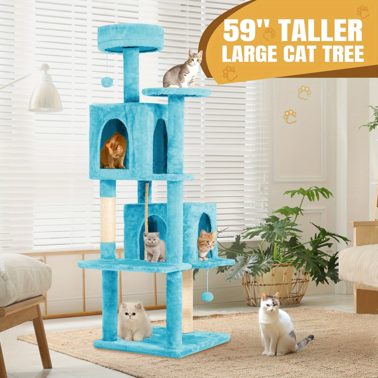 Cat Tree Tower 59 Inch Large Multi-Level Cat Tower for Indoor Cats with Plush Resting Area, Sisal Scratching Post & Hanging Ball Toy