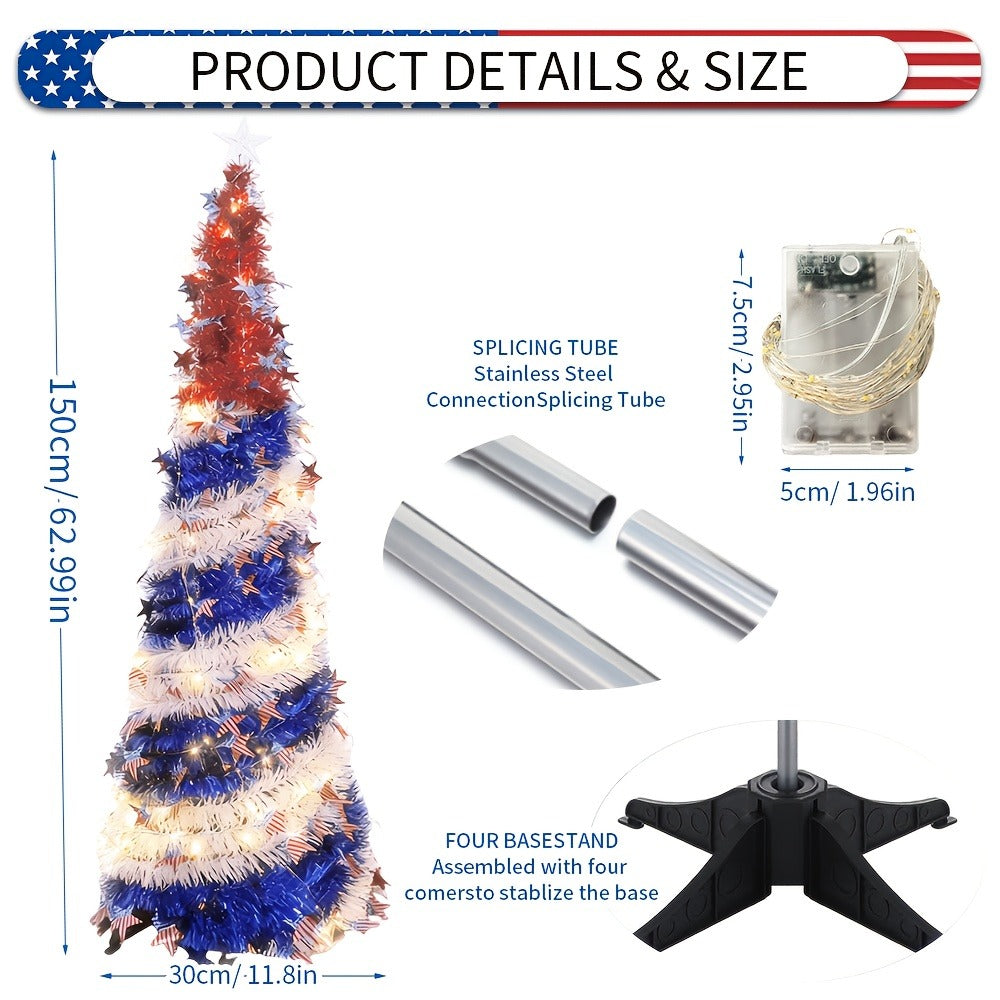 4th of July Patriotic Decoration Tree 5ft, Foldable LED Light String with Red White Blue Stars & Stripes