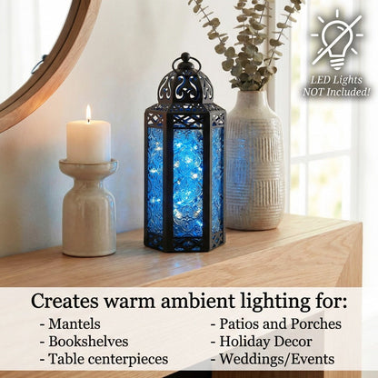 Moroccan Candle Lantern Holder - Decorative Metal & Glass Lantern with Embossed Floral Design for Indoor Home Decor