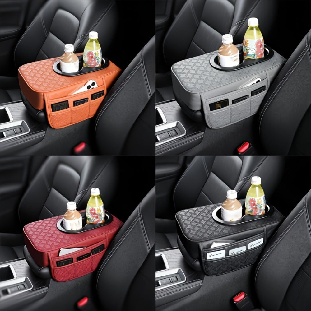 Car Center Console Cover PU Leather – Universal Armrest Box Mat with 2 Cup Holders & 2 Side Pockets, Phone & Card Storage