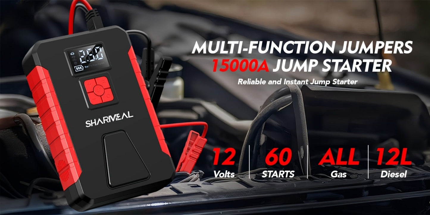 Portable Jump Starter with Air Compressor – 15000A-19000A Peak 350PSI 12V 17-in-1 Car Battery Jump Starter, Digital Display