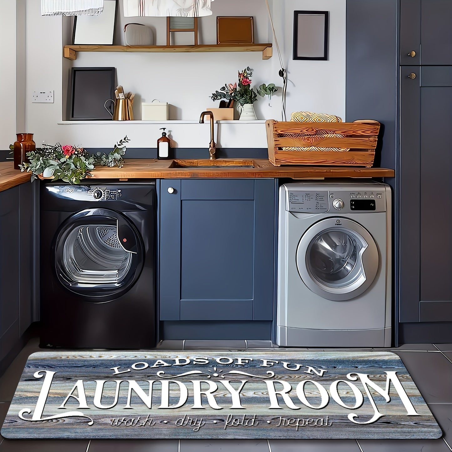 Farmhouse Laundry Room Runner Rug – Retro Kitchen & Bathroom Mat, Anti-Slip Floor Runner for Laundry Room