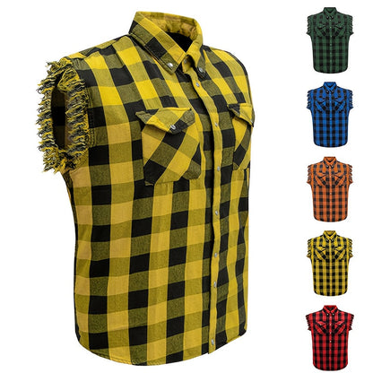 Men's Plaid Sleeveless Shirt with Fringe Hem, Checkered Cotton Button-Up Vest Top, Crew Neck Regular Fit for Streetwear Beach Vacation