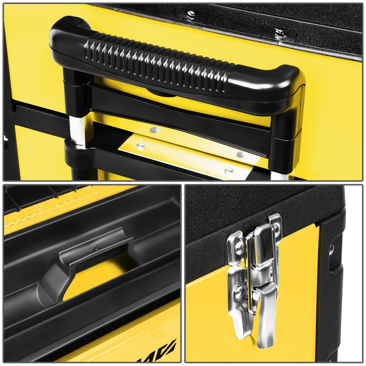 Rolling Tool Box 3-Tier Stackable Portable Toolbox with Wheels 19.5x12x28.5 Inch Steel PP 3-in-1 Detachable Compartments Metal Latches