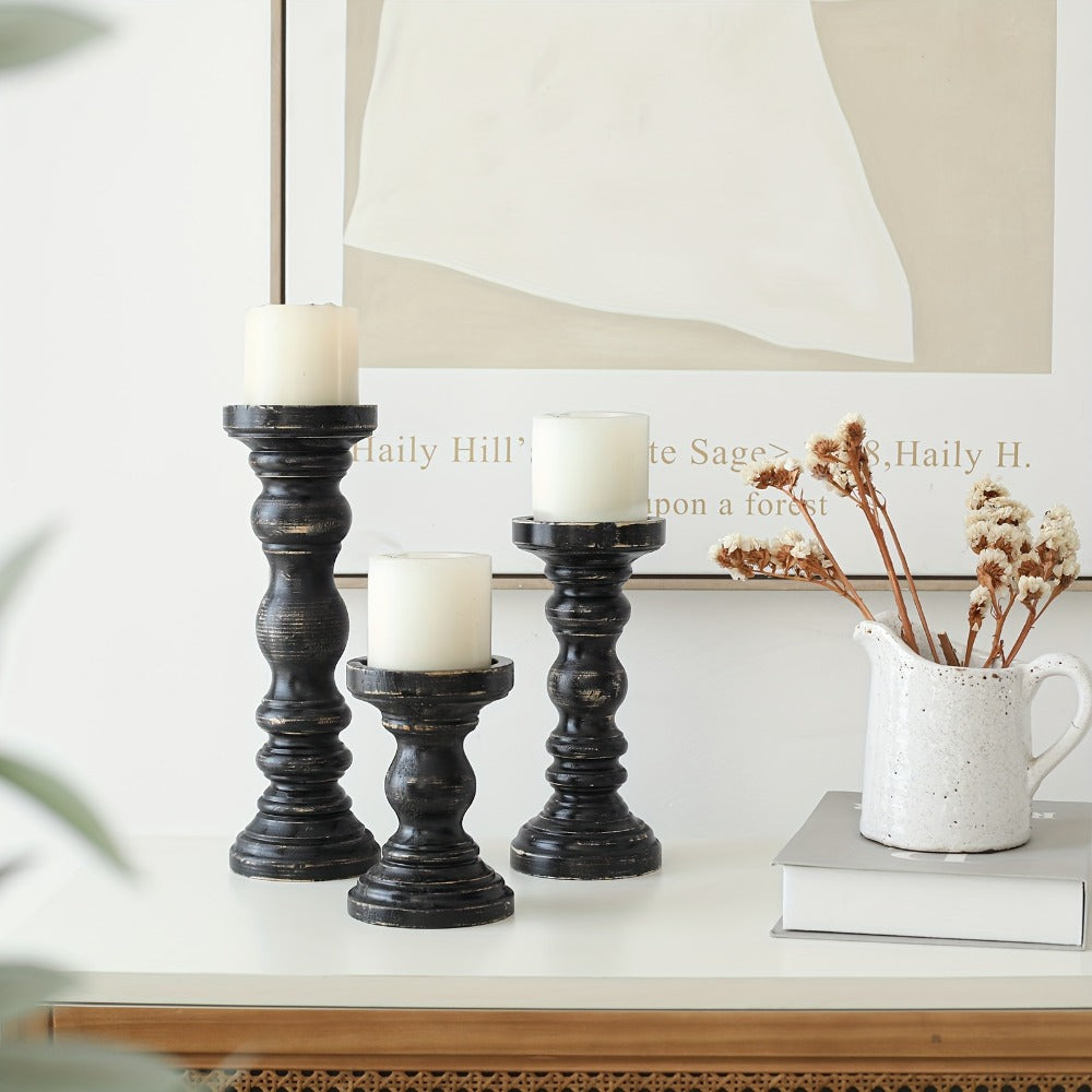 Wood Pillar Candle Holder Set of Three with Turned Pedestal Profiles, 16cm, 23cm and 30cm Heights in Three Finishes