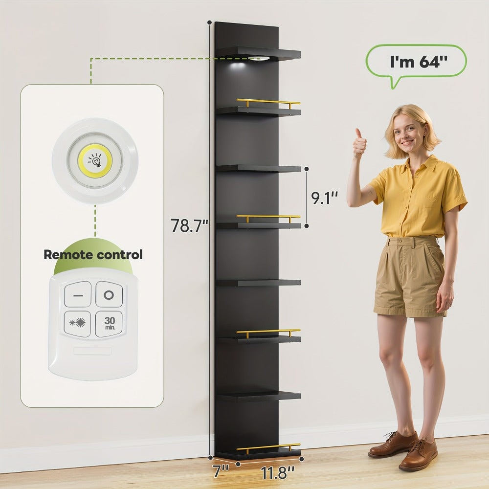 Floating Wall Shelves with LED Light - 6 & 8 Tier Wall Mounted Display Shelf Unit with Anti-Slip Rails for Bedroom