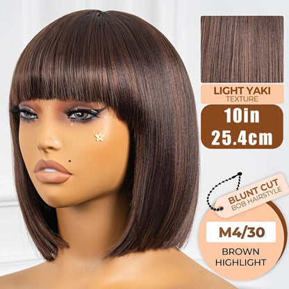 Yaki Straight Bob Wig with Bangs 10 Inch Brown Highlight M4/30 Blunt Cut Heat Resistant Synthetic Short Natural Looking Bob for Women Daily