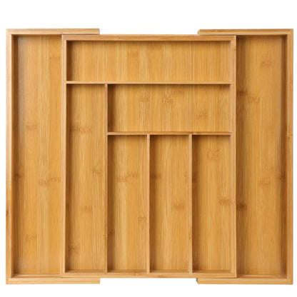 Expandable Bamboo Drawer Organizer with 6–8 Compartments, Sliding Sides and Natural Wood Finish