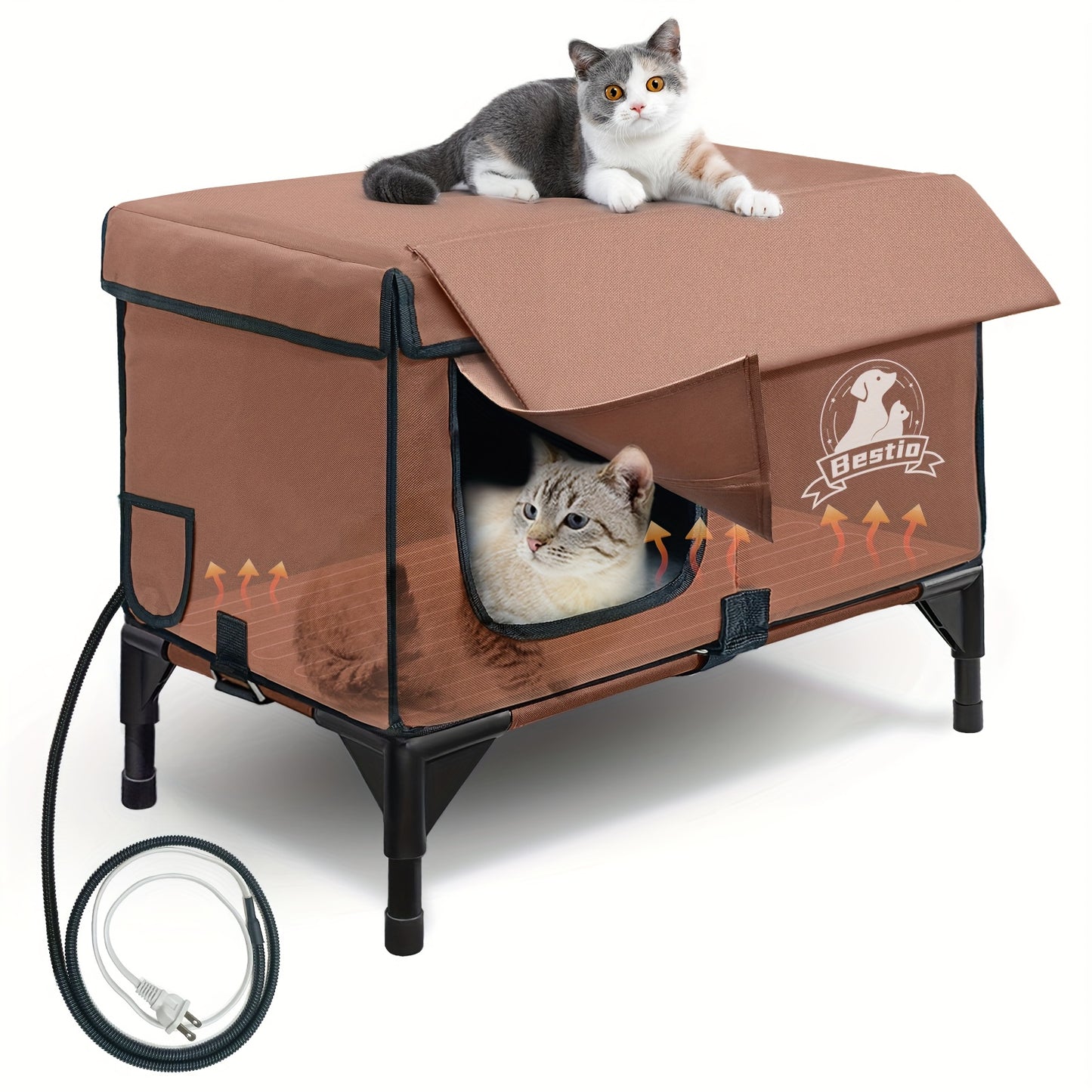 Heated Cat House 3-in-1 with Removable Warming Pad, Elevated Cat Bed for Indoor & Outdoor Cats, Chew-Resistant Cord, Double Door Cat Cave