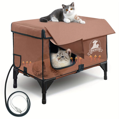 Heated Cat House 3-in-1 with Removable Warming Pad, Elevated Cat Bed for Indoor & Outdoor Cats, Chew-Resistant Cord, Double Door Cat Cave