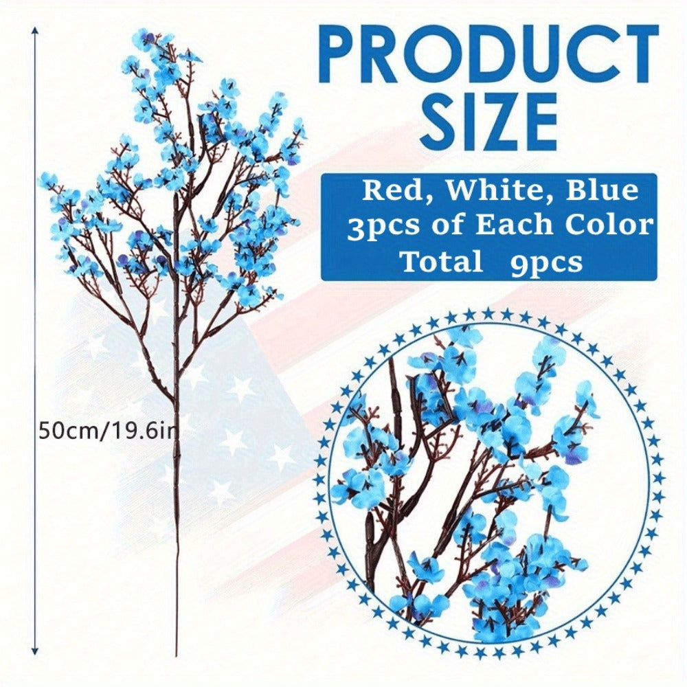 Artificial Flowers Nine-Piece Red White and Blue Baby's Breath Set for Patriotic Table Decor