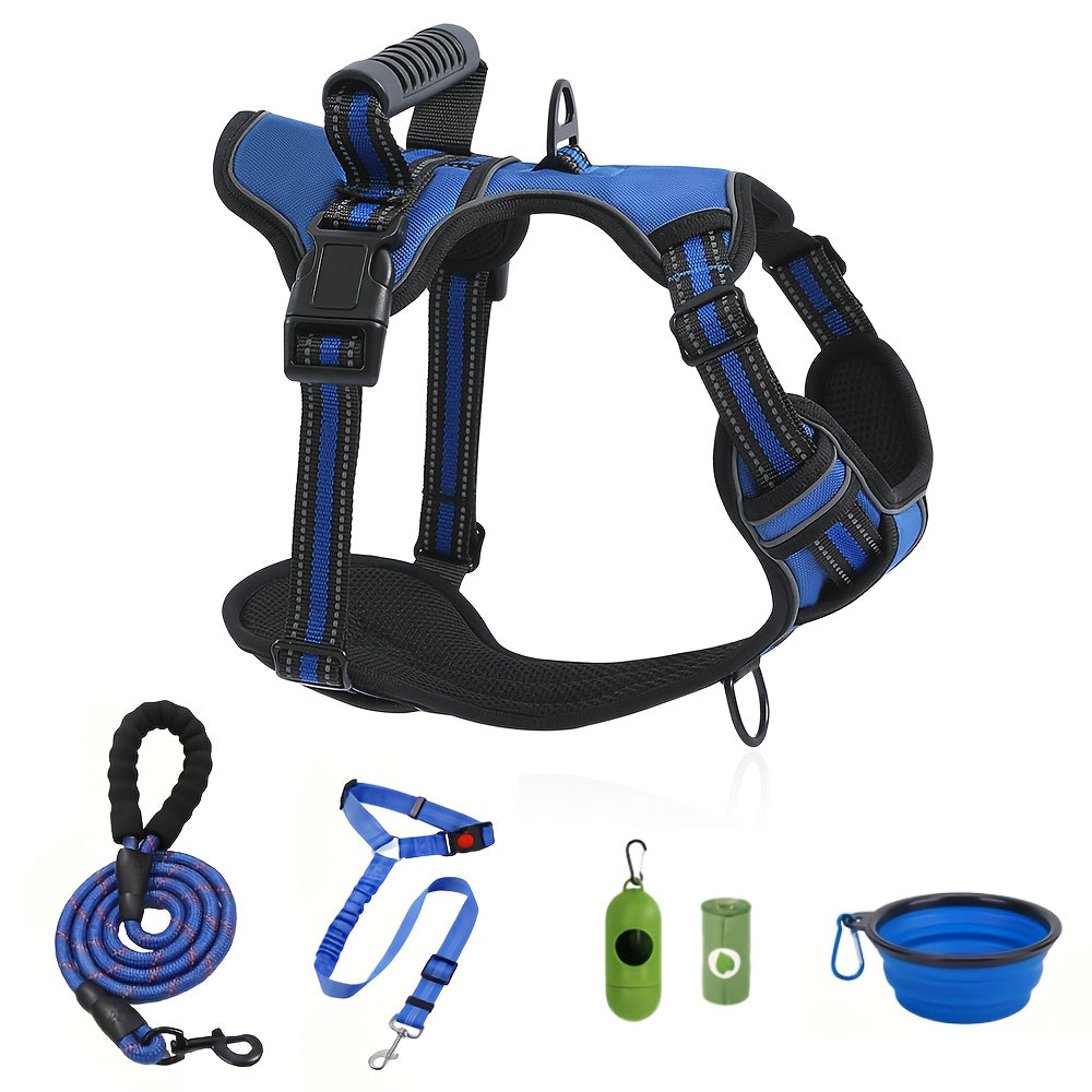 Walking Dog Harness and 5-Foot Leash Set in Five Colors and XS–XL with Front Clip, Top Clip and Handle