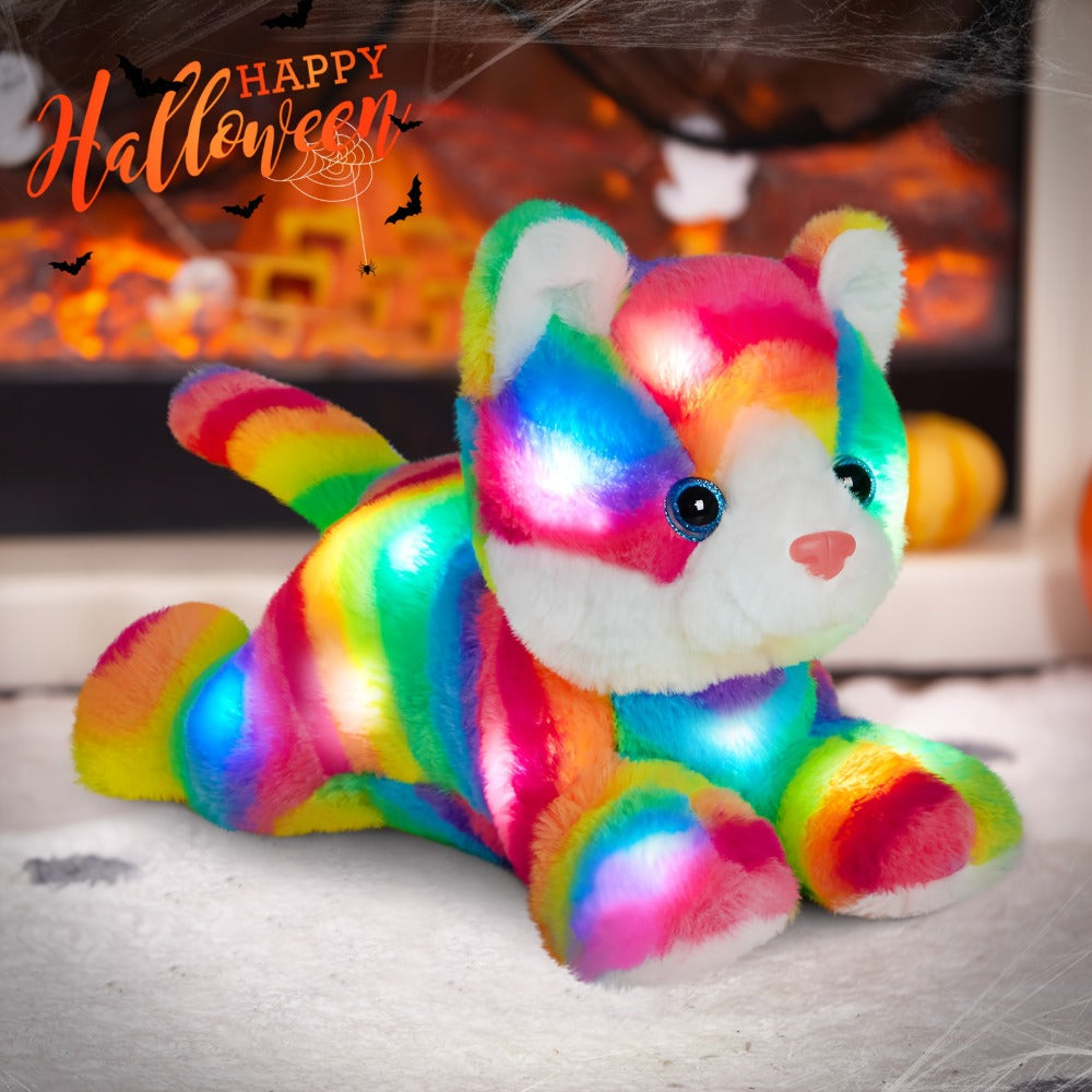 Plush Toy Rainbow Cat with LED Glow and Optional Music for Colorful Kawaii Room Display and Gifting