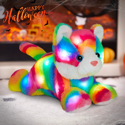 Plush Toy Rainbow Cat with LED Glow and Optional Music for Colorful Kawaii Room Display and Gifting