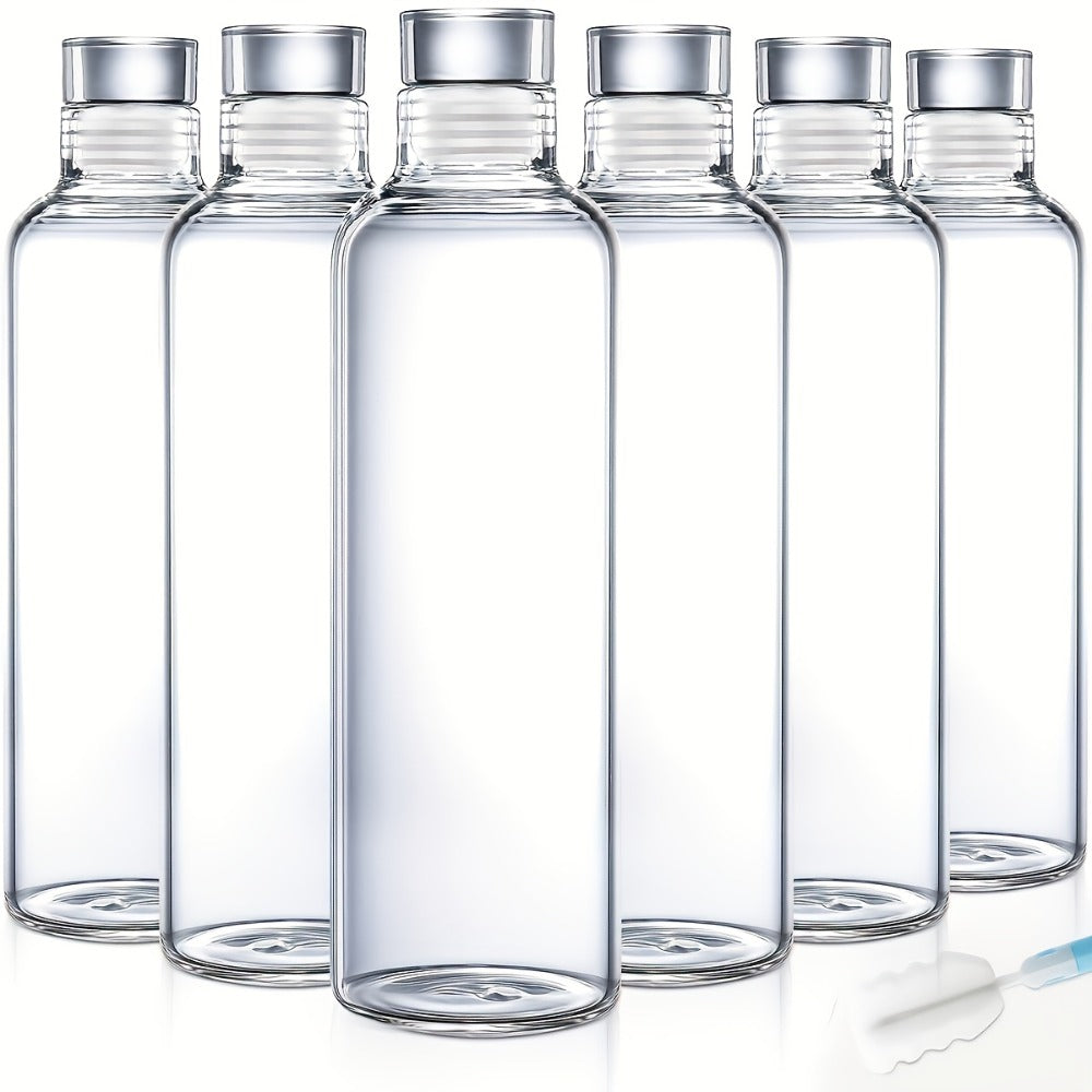 Borosilicate Glass Water Bottle Set of 6 with Lid Sleeve and Cleaning Brush – 18oz Reusable Juice Bottles | Non-Slip Sports Drinking Vessels