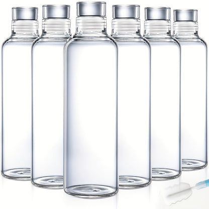 Borosilicate Glass Water Bottle Set of 6 with Lid Sleeve and Cleaning Brush – 18oz Reusable Juice Bottles | Non-Slip Sports Drinking Vessels