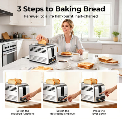 Toaster 2-Slice Stainless Steel Smart Touchscreen, 5 Bread Types, 6 Browning Levels, Wide Slots, Temperature Control