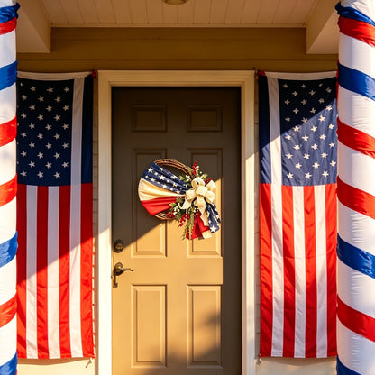 Patriotic 4th of July Door Wreath – Red White & Blue American Flag Wreath with Burlap Bow for Independence Day