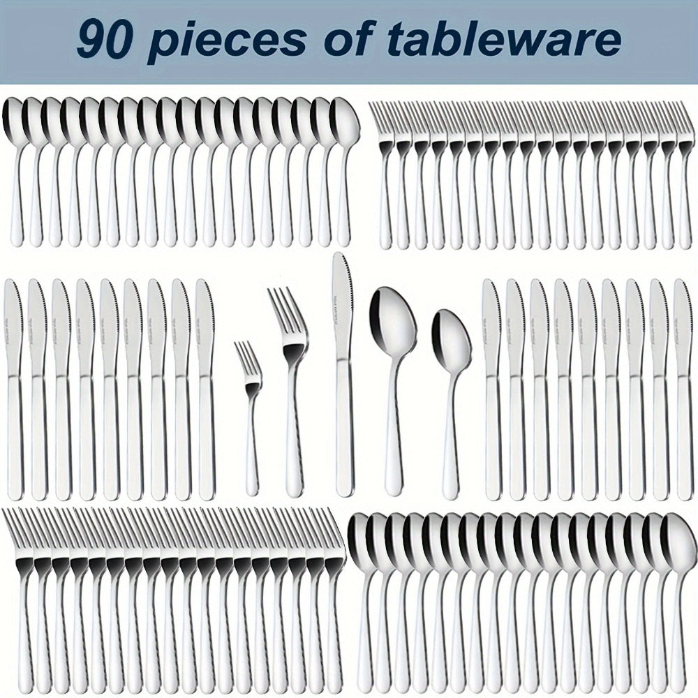 Stainless Steel Flatware Set in 60- or 90-Piece Silver Configurations with Five-Piece Place Settings