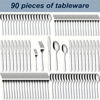 Stainless Steel Flatware Set in 60- or 90-Piece Silver Configurations with Five-Piece Place Settings