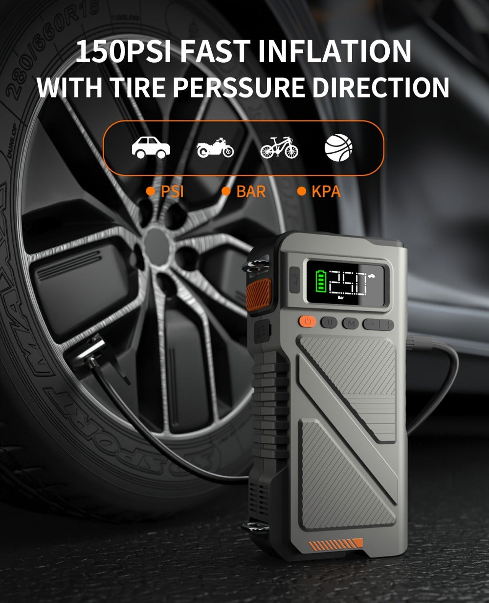 6000A/8000A Jump Starter with 150PSI Air Compressor – 7-in-1 Jump Box with Digital Tire Inflator, Portable Car Battery Charger for 12V
