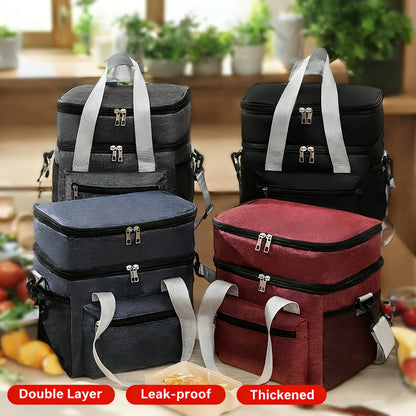 Double-Layer Lunch Bag Tote with Upper and Lower Compartments, Shoulder Strap and Four Colors