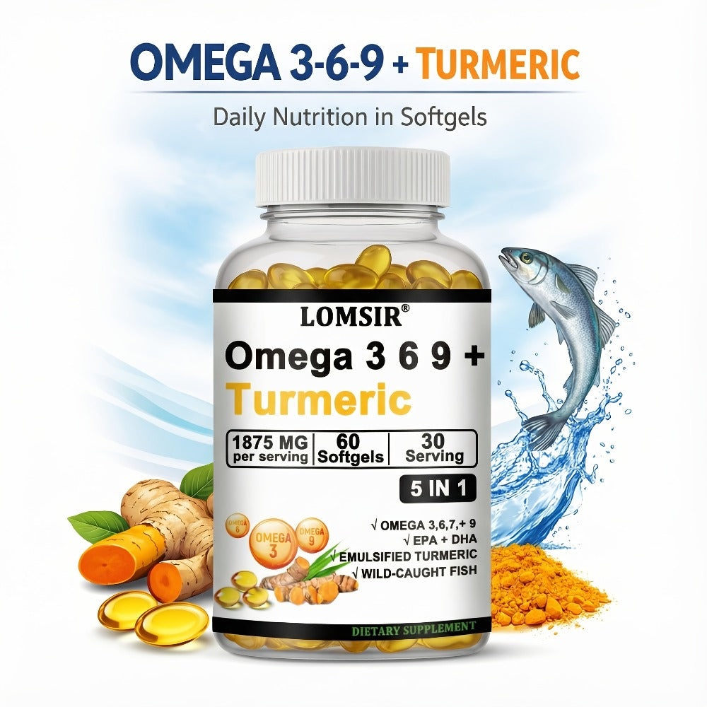Omega 3-6-9 & Turmeric Softgels with DHA & EPA, Wild Fish Oil Blend, Emulsified Turmeric for Heart